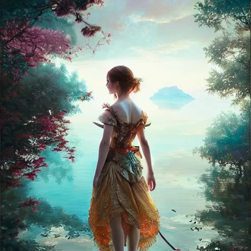 Image similar to emma watson as a beautiful young girl in intricate clothing by ross tran, walking in a castle, lake painted by sana takeda, rtx reflections, very high intricate details, painting, digital anime art, medium shot, mid - shot, composition by ilya kuvshinov, lighting by greg rutkowski