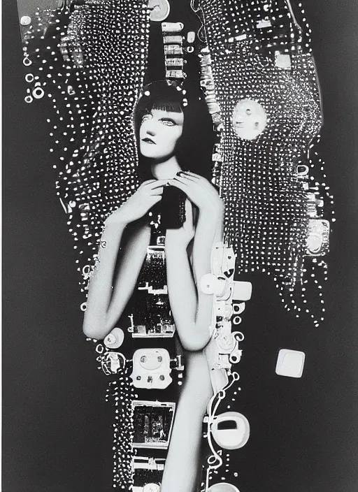 Image similar to Portrait of a fashion fractal girl with a television head wearing kimono made of circuits and leds, surreal photography by Man Ray