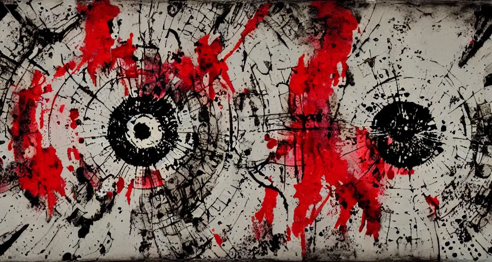 Image similar to category b film poster with trace of a shot in centre, ink painting with patterns, texture, blood splatter on the sides, focus render, painting, grainy tape, distortion, few details,