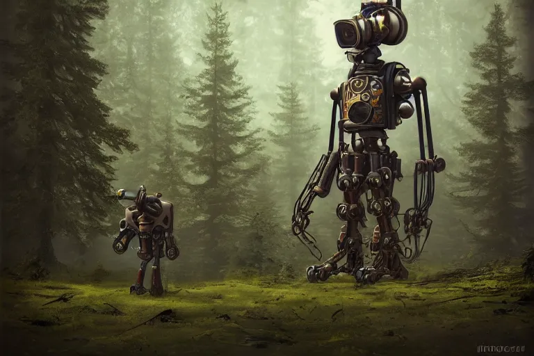 Image similar to steampunk mech standing in a swedish forest, very low angle photograph, very detailed, trending on artstation, realistic, soft colors, simon stålenhag