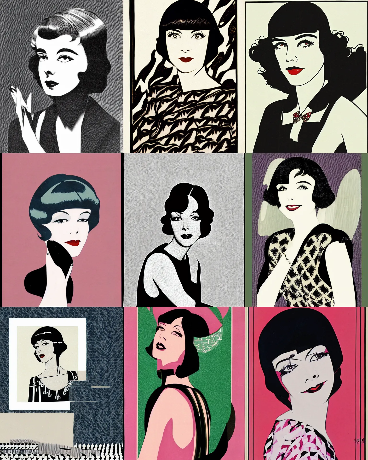 Prompt: Colleen Moore 25 years old, bob haircut, portrait by Patrick Nagel, 1920s, patterned art deco