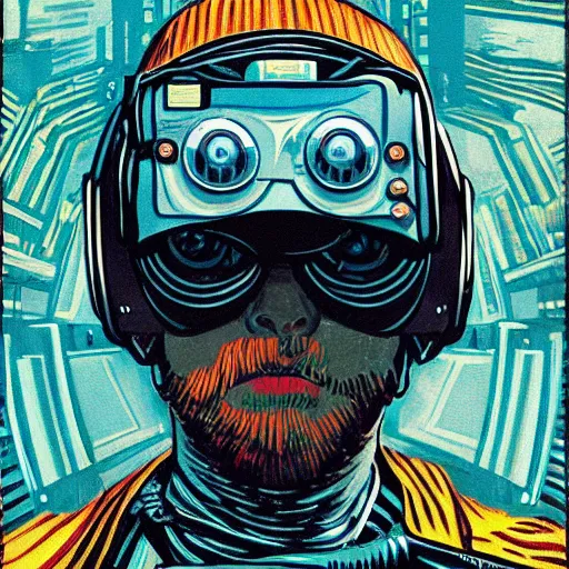 Image similar to Illustrated by Shepard Fairey and H.R. Geiger | Cyberpunk VAn Gogh with VR helmet, surrounded by cables