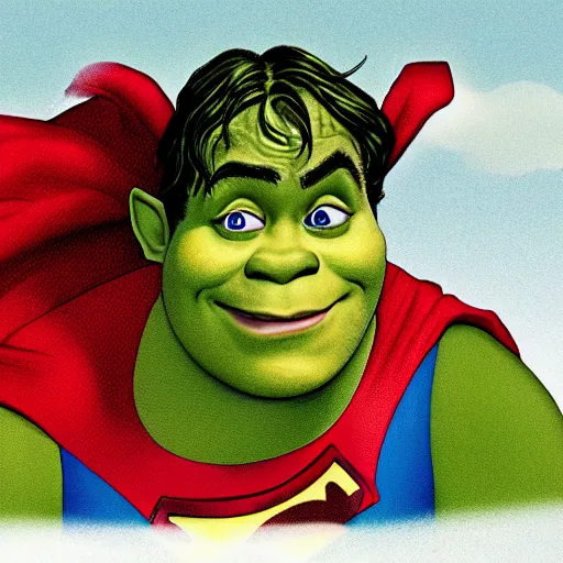 Prompt: detailed picture of shrek as superman, detailed face, full body portrait