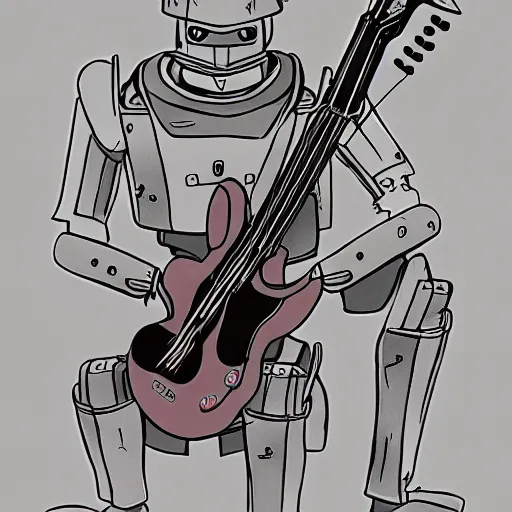 Image similar to A cell animation of a samurai robot playing guitar, Miyazaki Hayao, ghibli style, Illustration, anime, trending on artstation