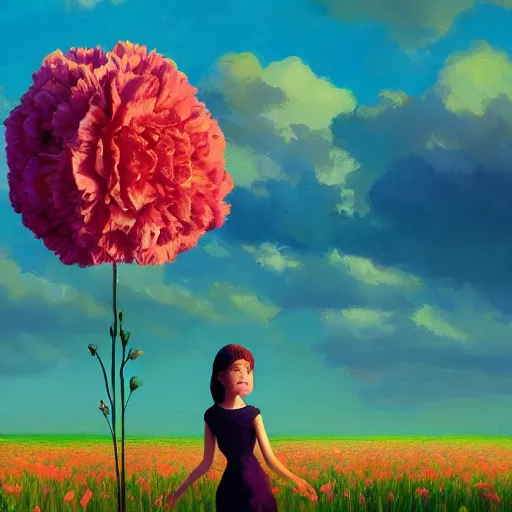 Image similar to girl with a giant carnation head, surreal photography, flower field, sunset dramatic light, impressionist painting, colorful clouds, blue sky, digital painting, artstation, simon stalenhag