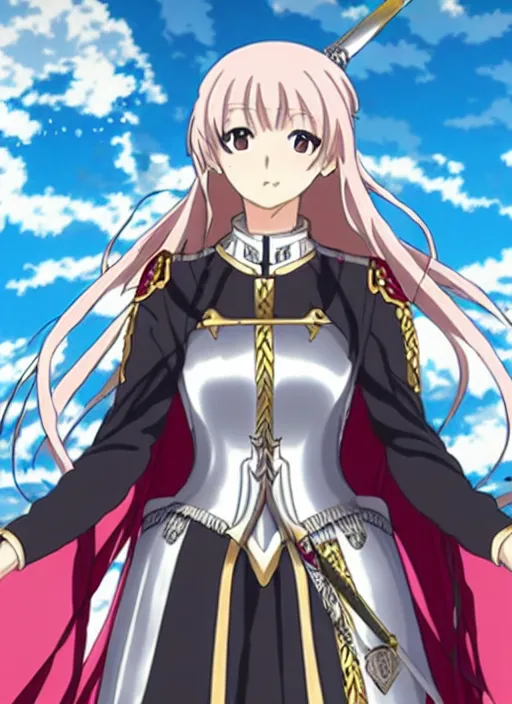 Prompt: key anime visual portrait of a woman knight in ceremonial armor