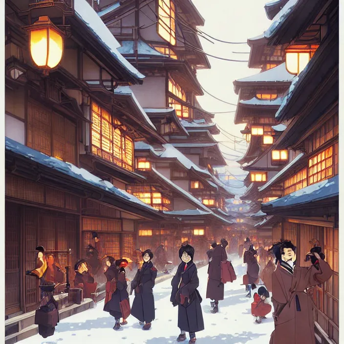 Image similar to japanese big city, winter, in the style of studio ghibli, j. c. leyendecker, greg rutkowski, artem