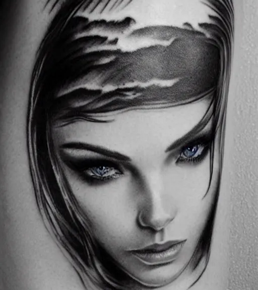 Image similar to tattoo design sketch of a beautiful blue - eyed woman face with a faded background of beautiful mountains and nature on her side, hyper - realistic, in the style of den yakovlev, amazing detail, black and white