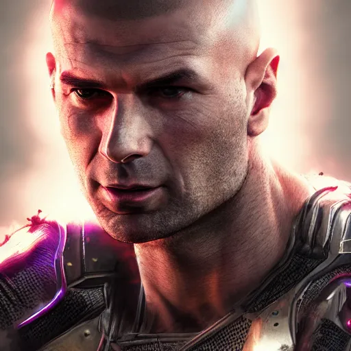 Image similar to zinedine zidane portrait, marvel super hero, armor, warrior, epic, sharp focus, fiction, neon, fantasy, hyper detailed, digital art, trending in artstation, cinematic lighting, studio quality, smooth render, unreal engine 5 rendered, octane rendered