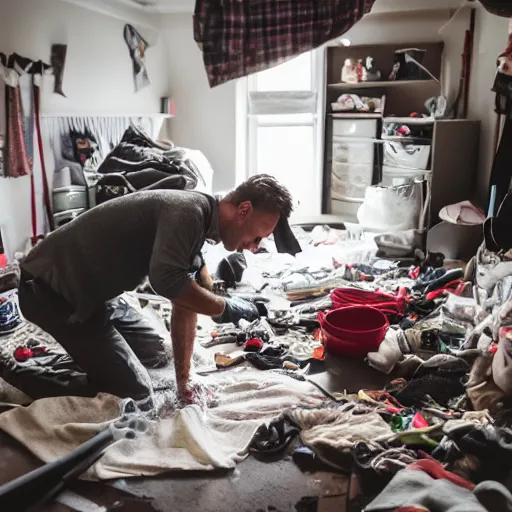 Image similar to photo of jordan peterson cleaning his messy room, 55mm photography, f/1.3