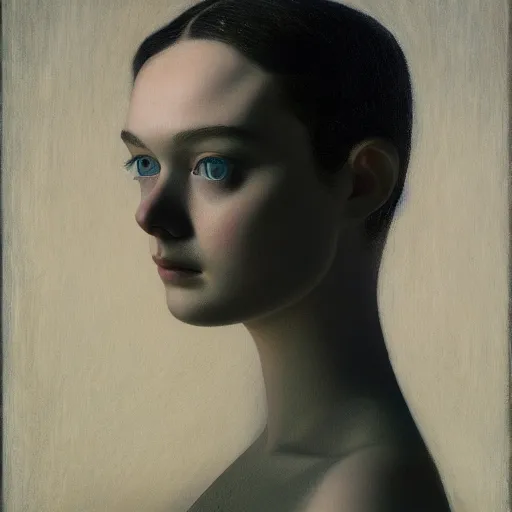 Prompt: A masterpiece head and shoulders portrait of Elle Fanning, by Grant Wood. 8K. Extremely detailed.