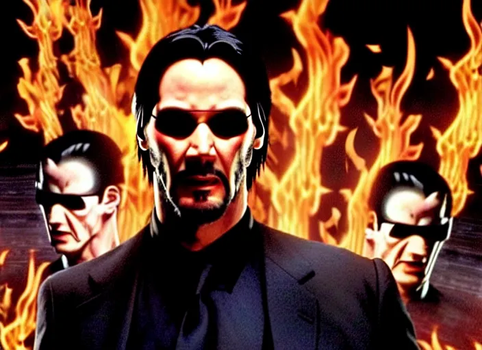 Image similar to Movie still of Keanu Reeves as Neo in The Matrix movie doing a thumb up to the camera in front on burning servers, servers in flames in the background, doing a thumb up, The Matrix servers on fire, uncropped, full body, crispy, symmetrical face, ultra detailed, cinematic, thumb up, double thumb up to the camera