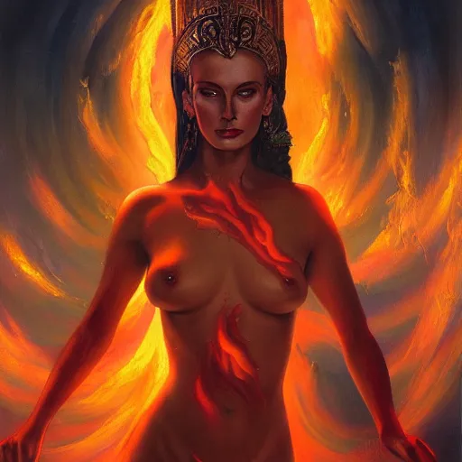 Image similar to A beautiful painting of a goddess with flames as her body by Jim Burns, 8K, ultra-detailed , Trending on artstation.