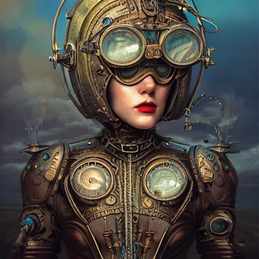 Prompt: dan mumford tom bagshaw, dream world curiosities carnival flying, photorealistic octane render of a single very beautiful helmet full long steampunk metallic armored ornate female, accurate features, focus, very intricate ultrafine details, award winning masterpiece, steampunk world spikes