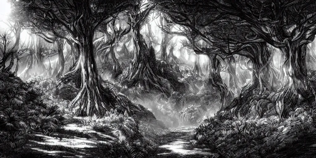 Prompt: illustration of a fantasy forest on the mountanside, monochrome, manga style, by Kentaro Miura, sharp, dramatic lighting