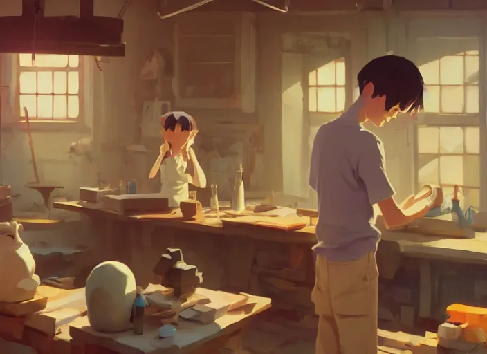 Image similar to sculptor's workshop, detailed, cory loftis, james gilleard, atey ghailan, makoto shinkai, goro fujita, studio ghibli, rim light, exquisite lighting, clear focus, very coherent, plain background, soft painting