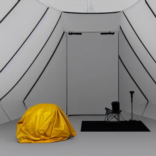 Prompt: photo studio with foggy background. yellow tent on floor. fisherman in balenciaga cloth, plastic bag and black mask. photorealistic high resolution, redshift render, 8 k