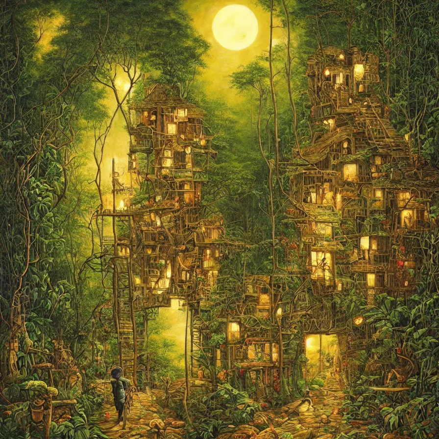 Image similar to a painting in the style of Jacek Yerka , a village on stilts is walking through the jungle at night