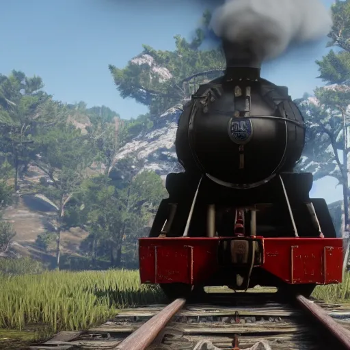 Prompt: A train in red dead redemption 2, screenshot, high quality image, widescreen, in-game engine, 8k, octane render