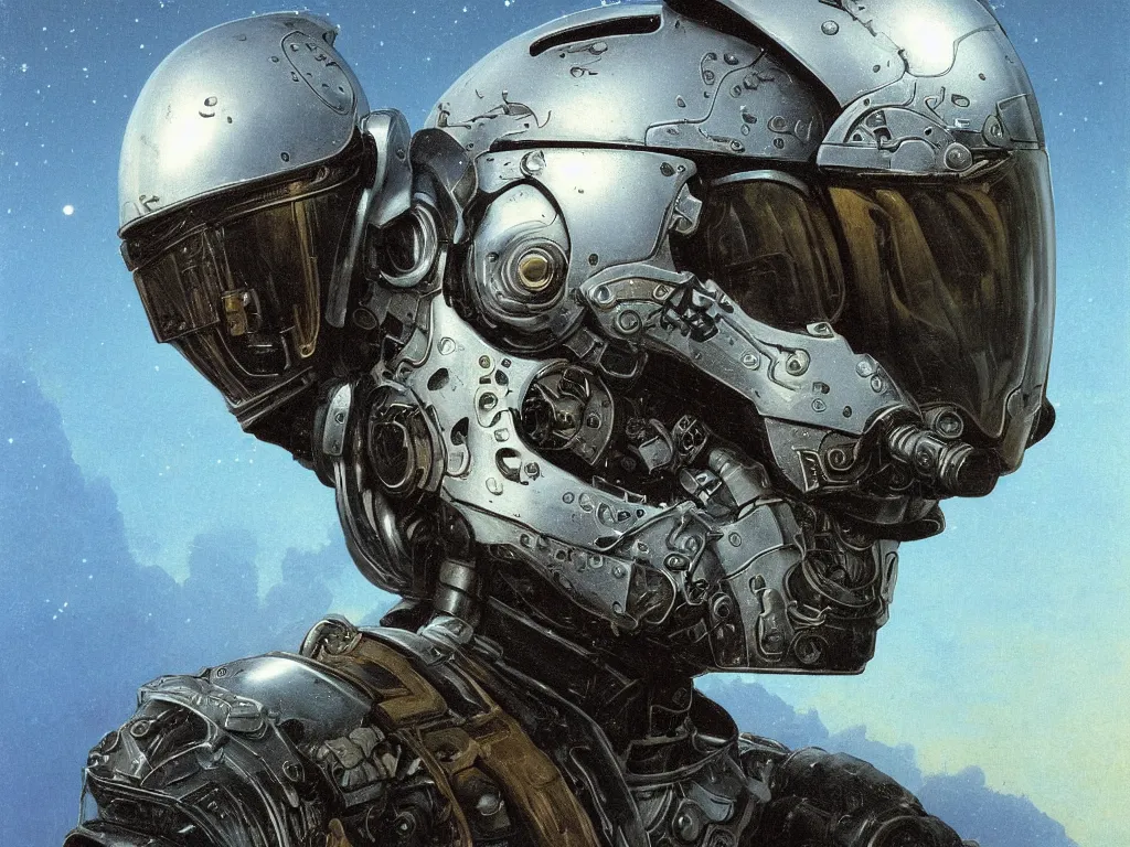 Prompt: a detailed close up portrait painting of a bounty hunter in combat armour and visor. cinematic sci-fi. Flight suit, accurate anatomy. portrait symmetrical and science fiction theme with lightning, aurora. lighting. clouds and stars. Futurism by beksinski carl spitzweg moebius and tuomas korpi. baroque elements. baroque element. intricate artwork by caravaggio. Oil painting. Trending on artstation. 8k