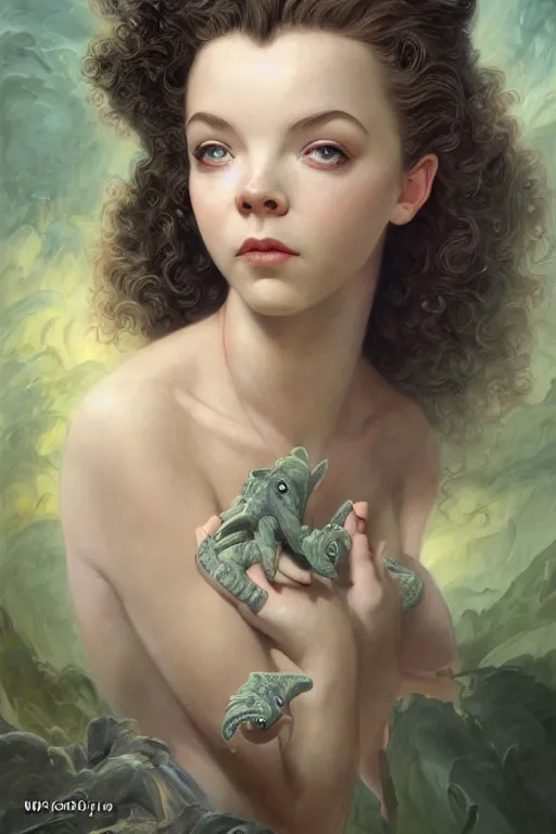 Image similar to A fantasy comic book style portrait painting of Anya Taylor-Joy, hybrid, Susan Hayward, as an Atlantean Reptilian Warrior, François Boucher, Oil Painting, Mystical Valkyrie, unreal 5, DAZ, hyperrealistic, octane render, Regal, Refined, Detailed Digital Art, RPG portrait, William-Adolphe Bouguereau, Michael Cheval, Walt Disney (1937), Steampunk, dynamic lighting, Highly Detailed, Cinematic Lighting, Unreal Engine, 8k, HD