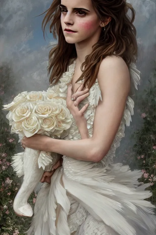 Prompt: Emma Watson in a decorated dress made of white and cream colored roses, holding a realistic and detailed white swan in her arms, highly detailed, digital painting, Trending on artstation , HD quality, by artgerm and greg rutkowski and alphonse mucha, dramatic light, octane