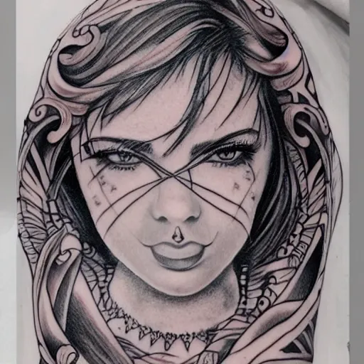 Prompt: tattoo design of a beautiful girl face, hyper detailed, in the design of eliot kohek