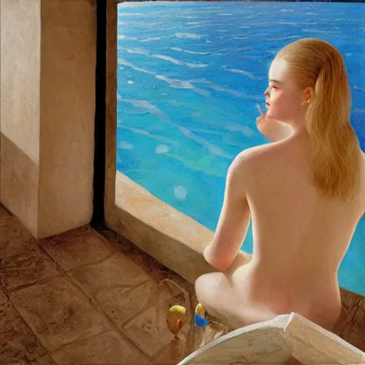 Prompt: Elle Fanning by the pool in Santorini, head and shoulders portrait, extremely detailed masterpiece, Roger Deakin’s cinematography, illustration, by Michael Sowa,