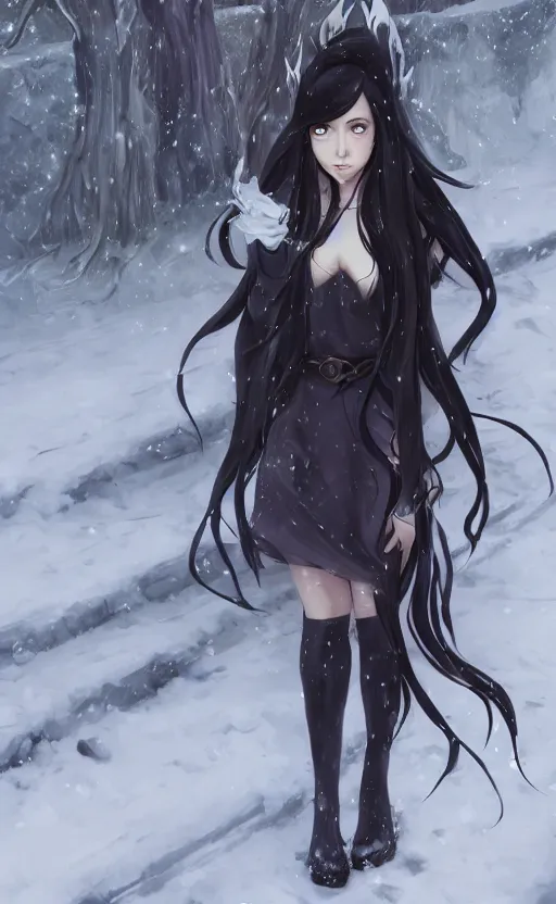 Prompt: an elven girl with long, flowing black hair standing in the snow, facing the camera. By Makoto Shinkai, Stanley Artgerm Lau, WLOP, Rossdraws, James Jean, Andrei Riabovitchev, Marc Simonetti, krenz cushart, Sakimichan, trending on ArtStation, digital art.