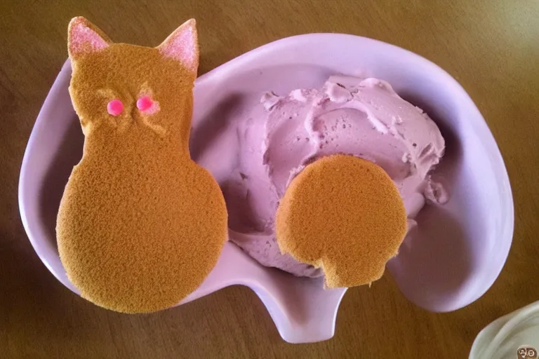 Prompt: cat made of ice cream, frozen desert in the shape of a cat