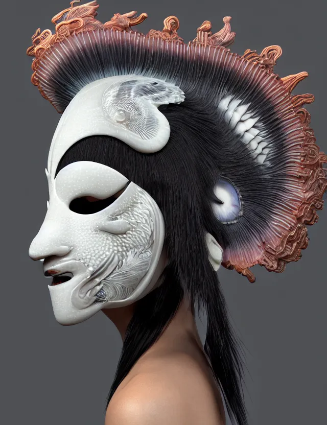 Image similar to 3 d goddess close - up profile simple portrait punk with mohawk with ram skull. beautiful intricately detailed japanese crow kitsune mask and clasical japanese kimono. betta fish, jellyfish phoenix, bio luminescent, plasma, ice, water, wind, creature, artwork by tooth wu and wlop and beeple and greg rutkowski