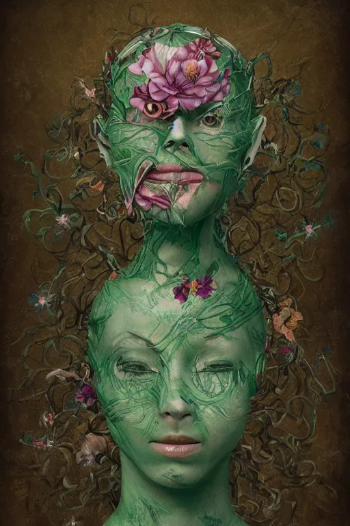 Image similar to portrait of beautiful young mainem, warhammer, japaneese style, cyber armor, a lot of more scars, more and more flowers, green head, the middle ages, highly detailed, artstation, illustration, art by rene magritte, 8 k quality