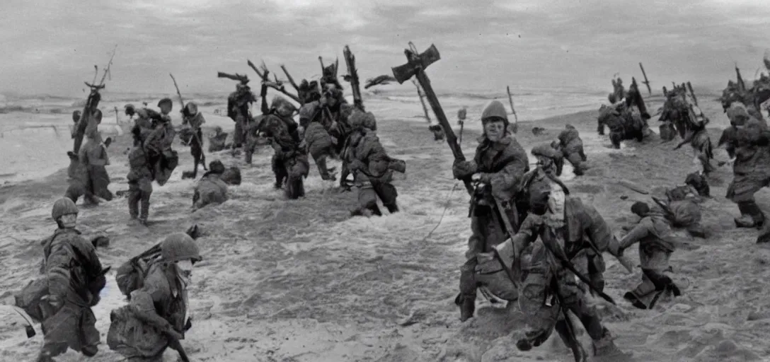 Image similar to the pope storming omaha beach during ww ii