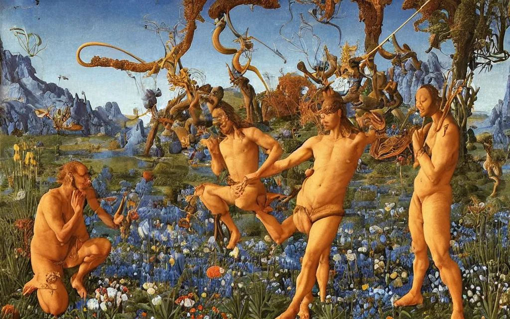 Image similar to a portrait photograph of a meditating satyr and a centaur monk riding a rocket machine and hunting at a river delta. surrounded by bulbous flowers and trees. mountain range under a blue sky of fiery stars. by jan van eyck, max ernst, ernst haeckel, ernst fuchs and artgerm, cgsociety, fashion editorial, 8 k