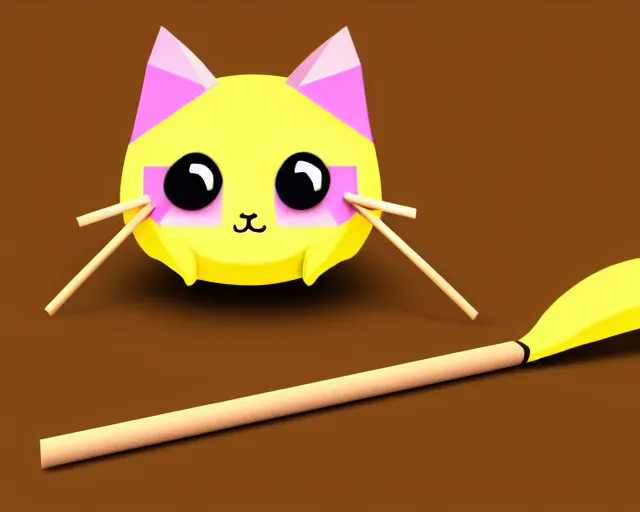 Prompt: a banana with a face of a cat and sticks as hands and legs, polygonal, high resolution, kawaii, cute, sharp focus, artstyle of anime