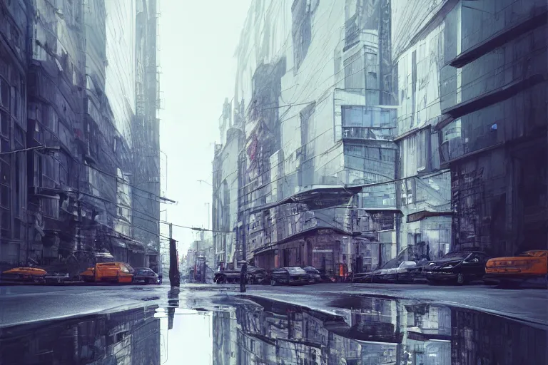 Prompt: urban street bended and transformed like in inception, highly detailed, photorealistic, reflections, smooth, sharp focus, concept art, illustration, beautiful, geometric, trending on artstation, cinematic, featured on behance , artwork by WLOP and Tran, Ross