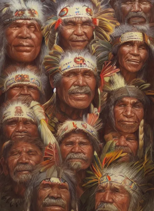 Prompt: faces of indigenous amazonian grandfathers and grandmothers spirits in the clouds, smiling, benevolence, ancestors, detailed faces, art by christophe vacher