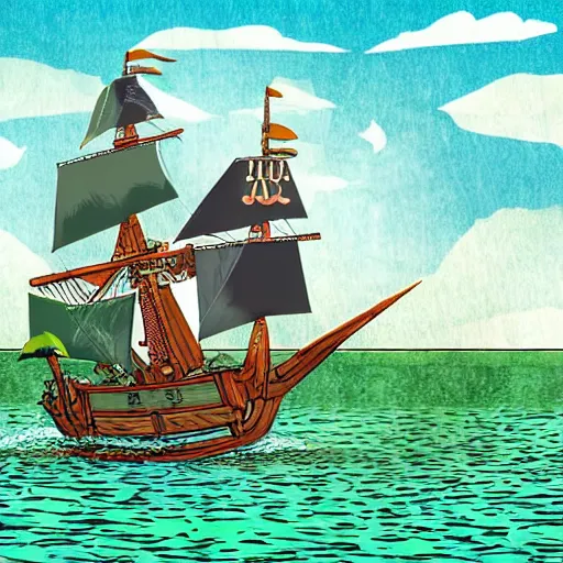 Prompt: brigantine pirate ship that has a green fruit tree in the middle of it, surrounded by water, bold complementary colours, 2 d matte, comic book art,