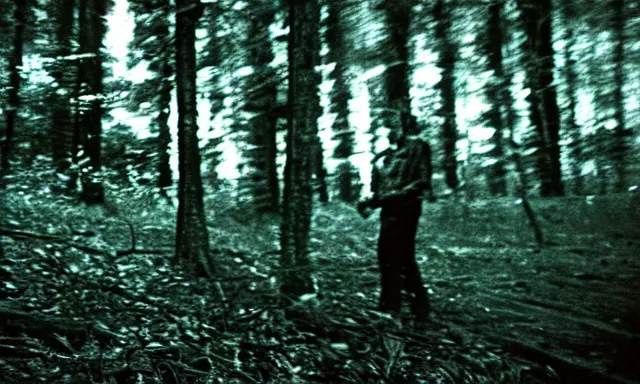 Image similar to corpse looking at camera in forest at night, 70s photo, out of focus, motion blur, cctv footage, horror movie, horror lighting, blair witch project, old photo