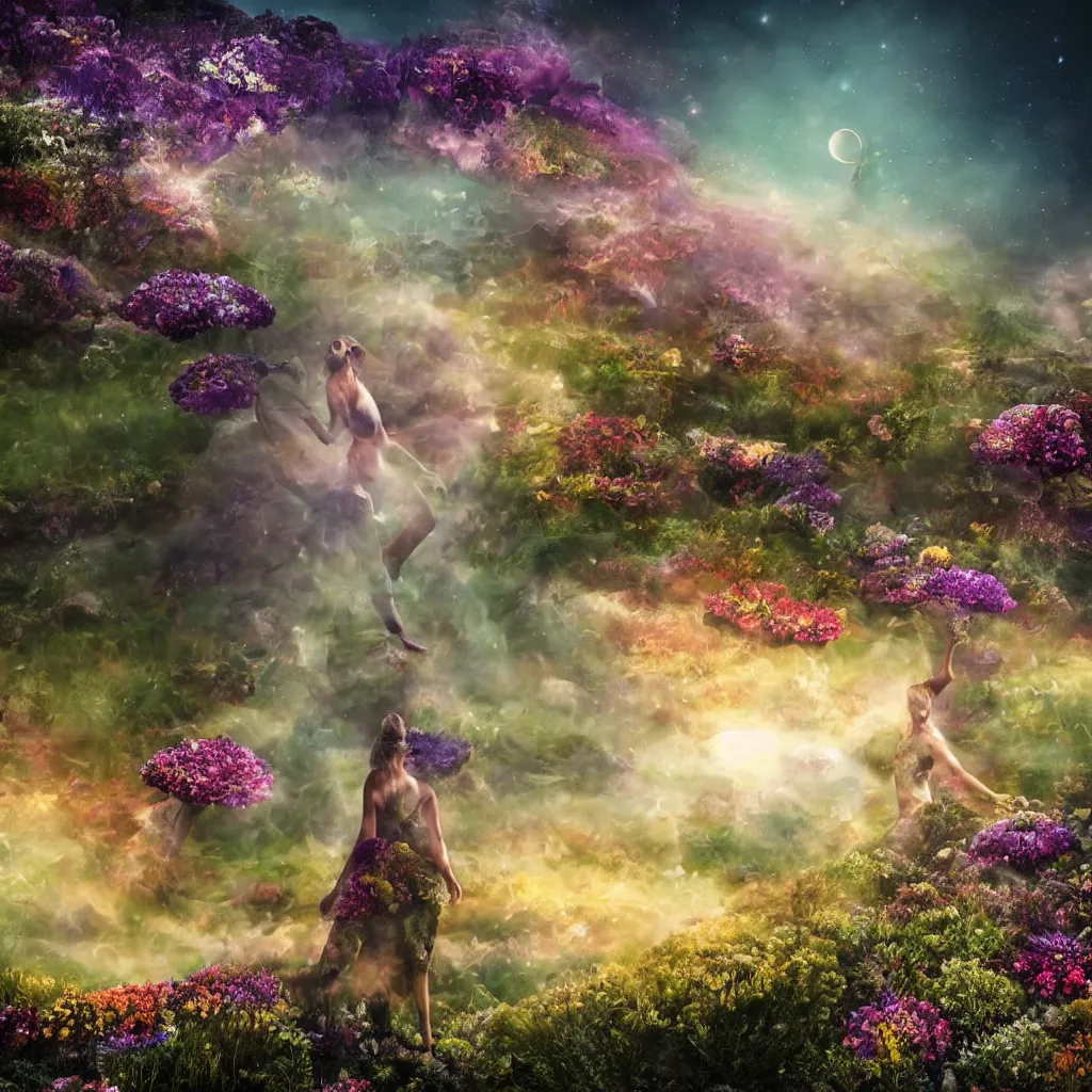 Image similar to a planet of various flowers, fungus and plants, in which the human figure is dressed in something magical and impressive, inside the picture is infinity, sunset light, Atmospheric phenomenon, artistic photography, muted colors, conceptual, long exposure outside the city