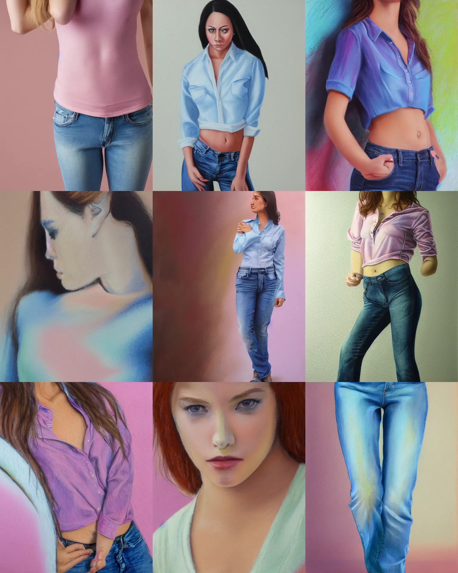 Prompt: frontal shot of young woman, shirt and jeans, pastel painting, body close up