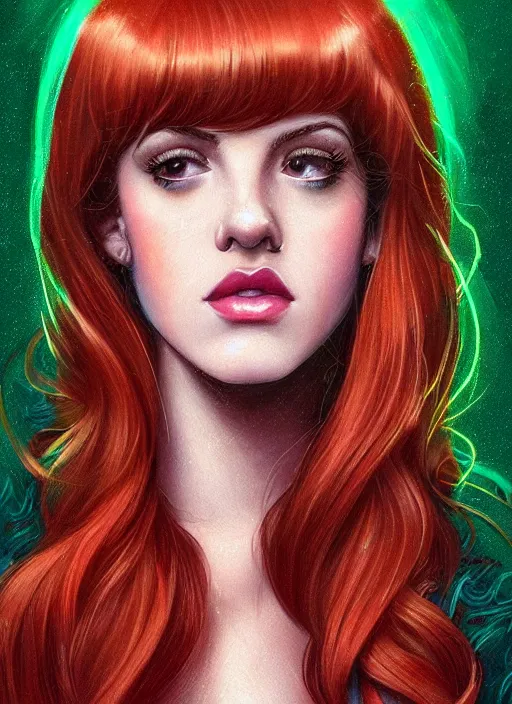 Image similar to full body portrait of teenage cheryl blossom, bangs, green eyes, mischievous expression, red hair, sultry smirk, bangs and wavy hair, 1 9 8 0 s, intricate, elegant, glowing lights, highly detailed, digital painting, artstation, concept art, smooth, sharp focus, illustration, art by wlop, mars ravelo and greg rutkowski