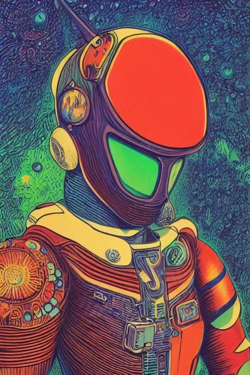 Prompt: a vibrant ultraclear sideview waist up portrait of kamen rider with big antler headdress astronaut armor suit by rene magritte and laurie greasley, etching by gustave dore, colorful flat surreal, ethereal, intricate, sharp focus, illustration, highly detailed, digital painting, concept art, masterpiece