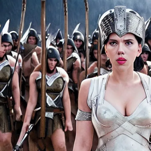 Image similar to black haired scarlett johansson as the greek goddess athena, leading an army in a battle, scene from live action movie