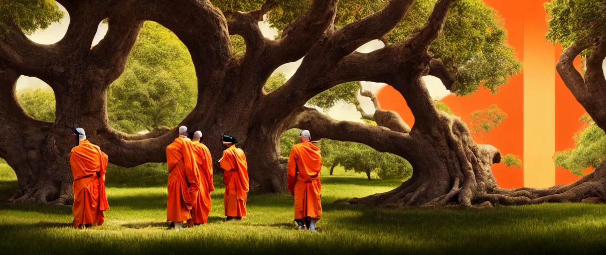 Prompt: hyperrealistic hyper detailed 35mm portrait of handsome cyborg monks praying to a giant oak tree matte painting concept art key sage jeff koons very dramatic orange lighting low angle hd 8k sharp shallow depth of field