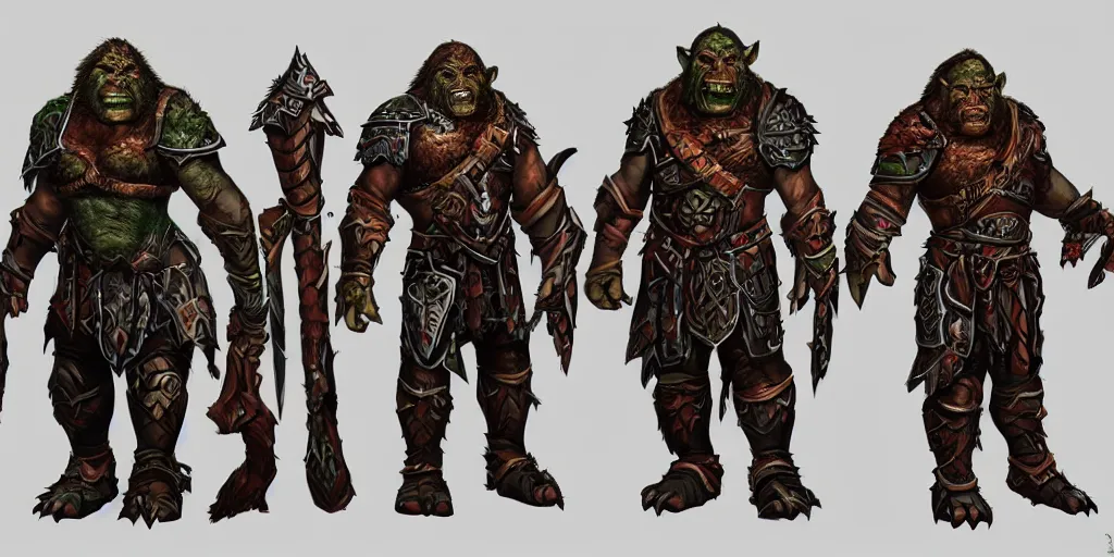 Prompt: different views of orcs in armour, colourful intricate!! concept art by senior character artist, trending on artstation, artstation hd, full body dynamic lighting character render