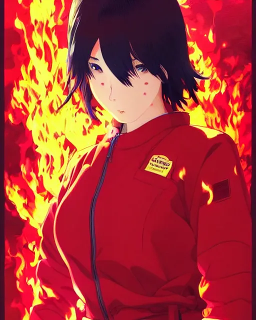 Image similar to fireman, covered in beautiful flames | | very very anime!!!, beautiful fine - face, audrey plaza, realistic shaded perfect face, fine details. anime. realistic shaded lighting poster by ilya kuvshinov katsuhiro otomo ghost - in - the - shell, magali villeneuve, artgerm