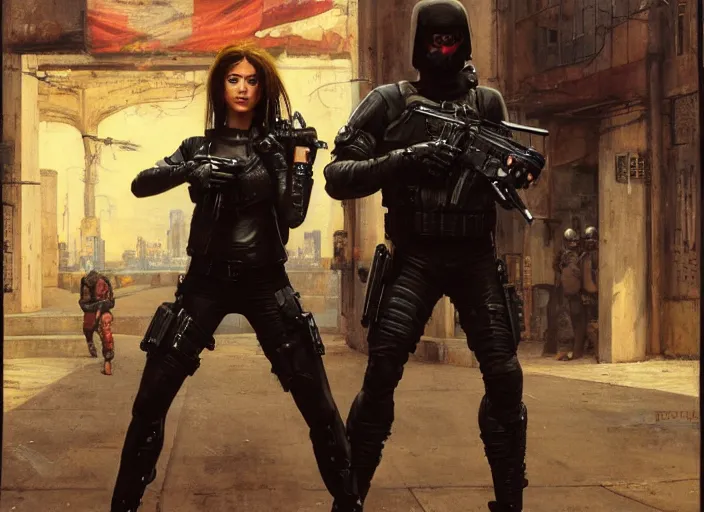 Image similar to Maria evades sgt Griggs. Cyberpunk hacker escaping Menacing Cyberpunk police trooper griggs wearing a combat vest. (dystopian, police state, Cyberpunk 2077, bladerunner 2049). Iranian orientalist portrait by john william waterhouse and Edwin Longsden Long and Theodore Ralli and Nasreddine Dinet, oil on canvas. Cinematic, vivid colors, hyper realism, realistic proportions, dramatic lighting, high detail 4k