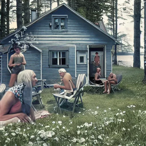 Prompt: summer'2 2, vacation at the baltic sea. people inside a summer home in the baltic, photo by gregory crewdson