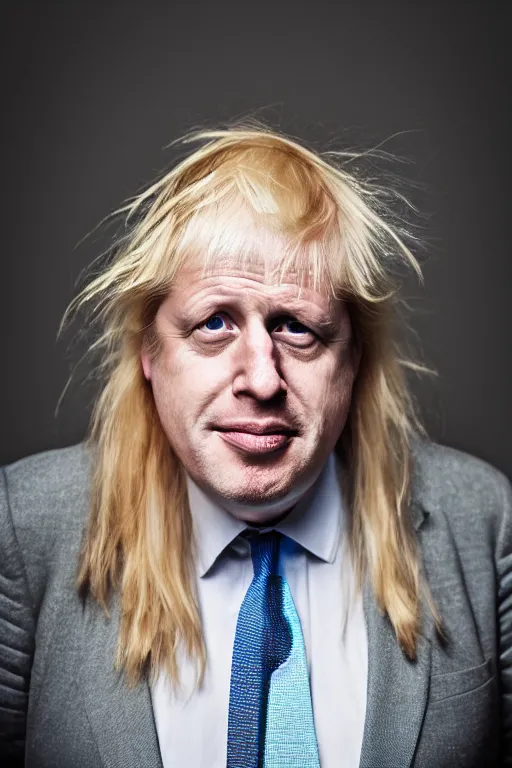 Image similar to boris johnson with very long hair, tied in ponytail, photographed, portrait, photographic, hdr, 4 k